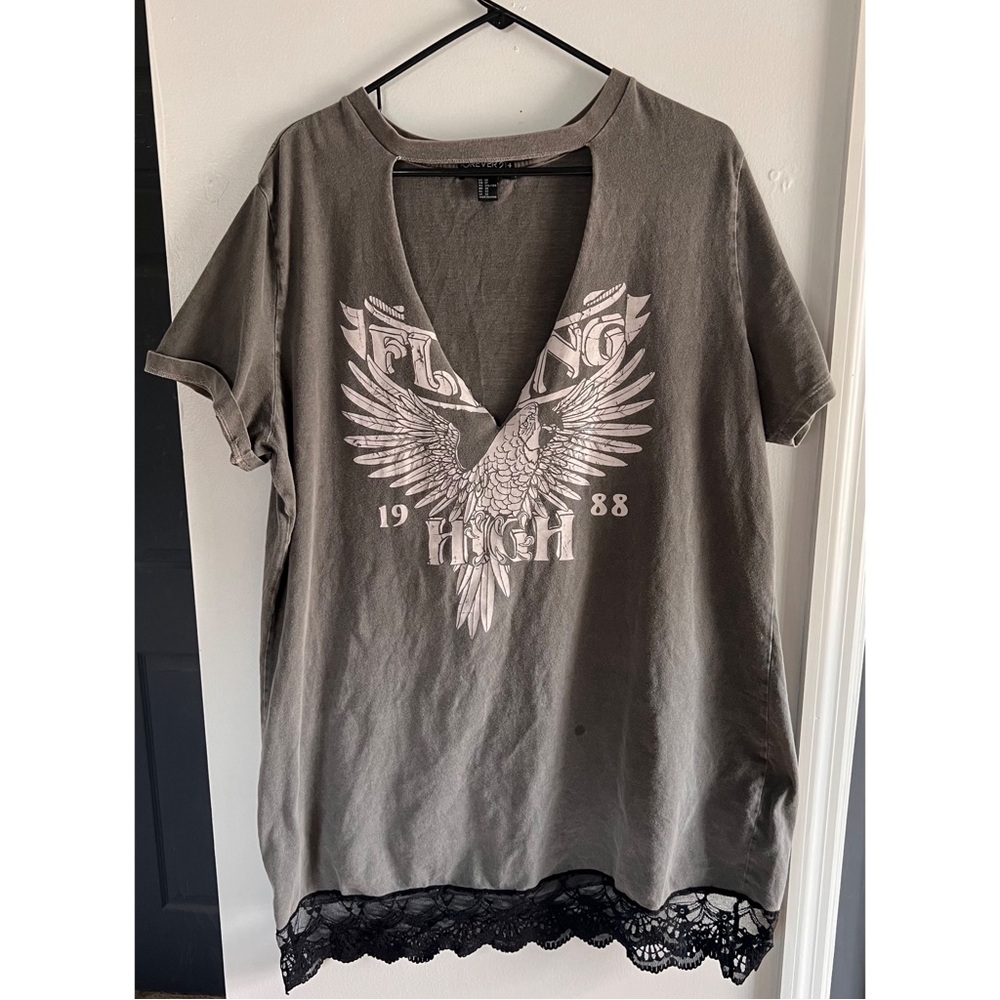 T shirt dress with lace detailing and cutout